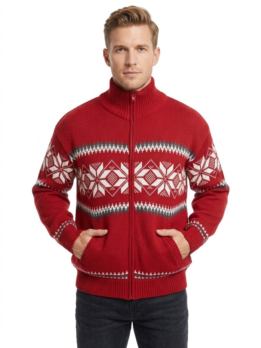 Vintage Scandia Woods Red Fair Isle Full-Zip Acrylic Sweater with Pockets